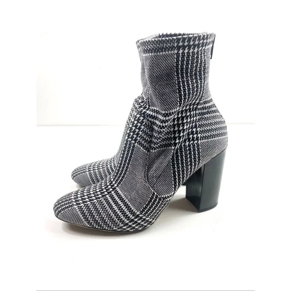 ALDO Lovelee Houndstooth Plaid 3.5” Block Heel Back Zip Ankle Boots Stretch Size